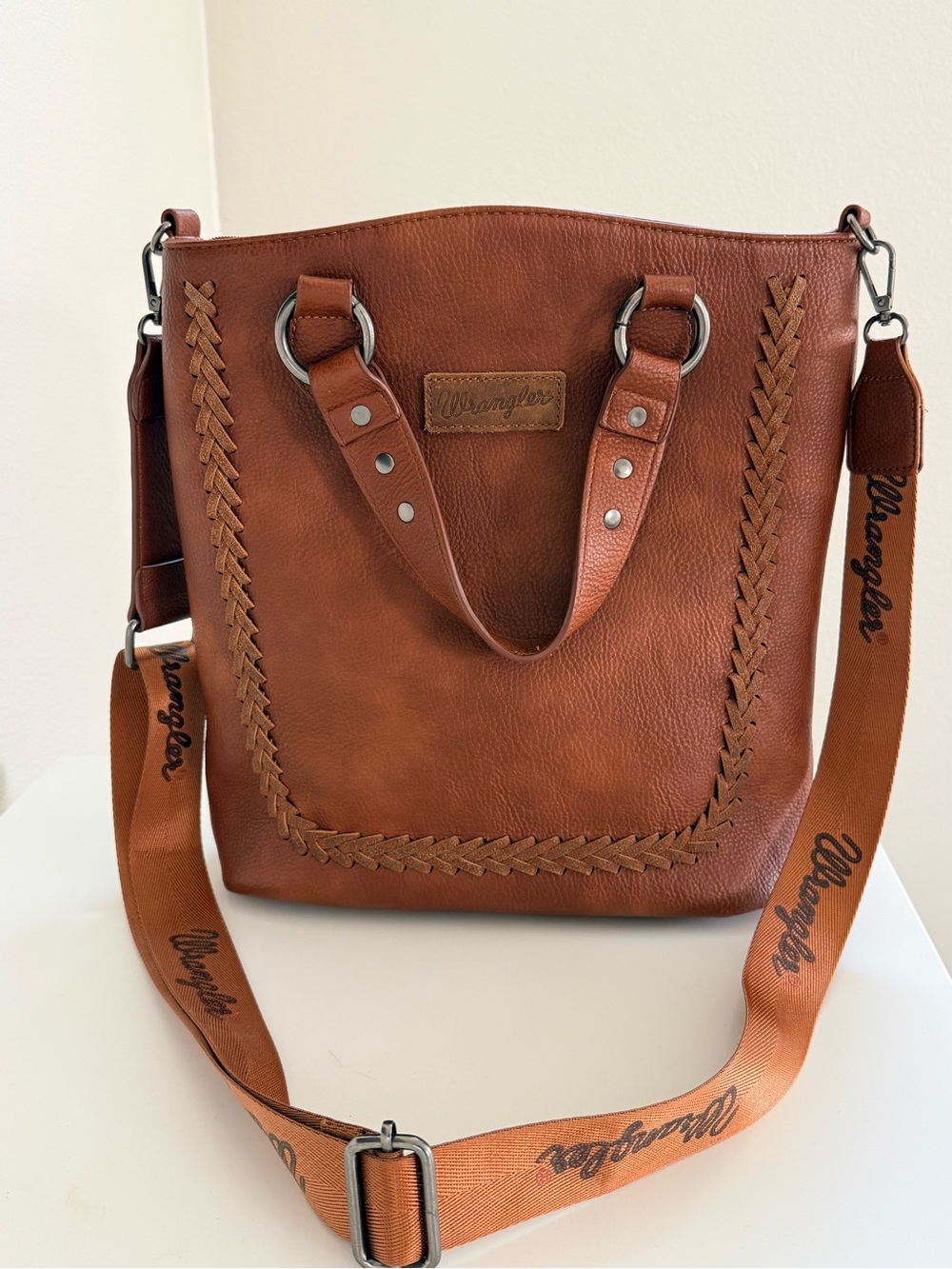 Wrangler Warm Brown Vegan Leather Tote Bag with Adjustable Strap
